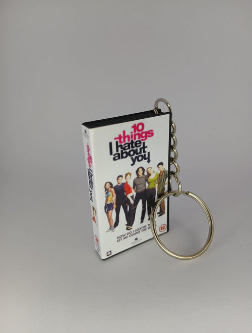 10 Things I Hate About You Mini VHS Keyring – flat lay overhead