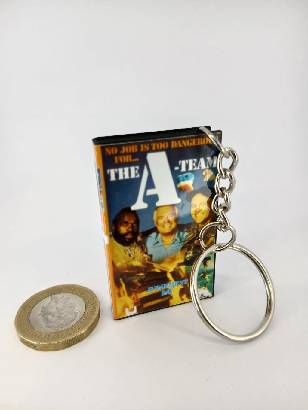 The A-Team VHS keyring — front cover standing angled