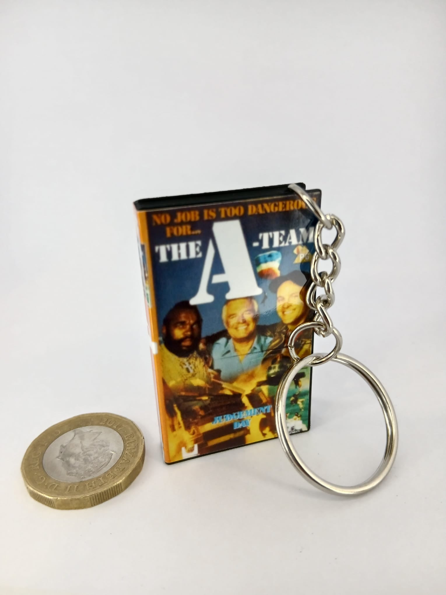 The A-Team VHS keyring — front cover standing angled