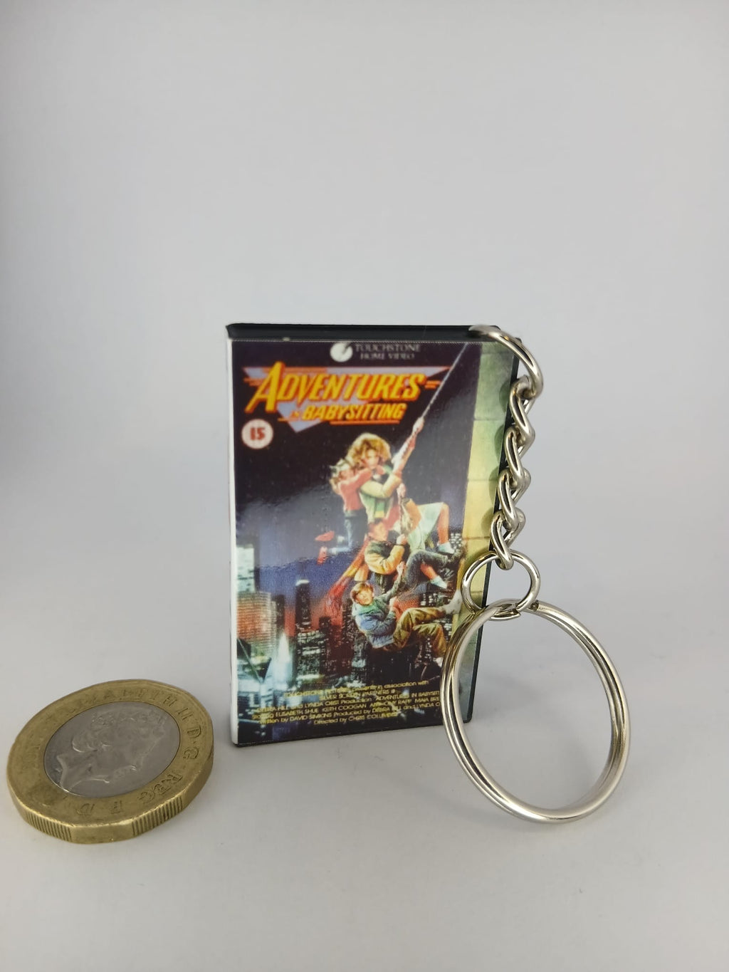 Adventures in Babysitting Mini VHS Keyring – front angle standing