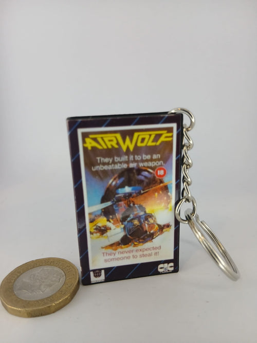 Airwolf VHS keyring — size comparison with 1p coin