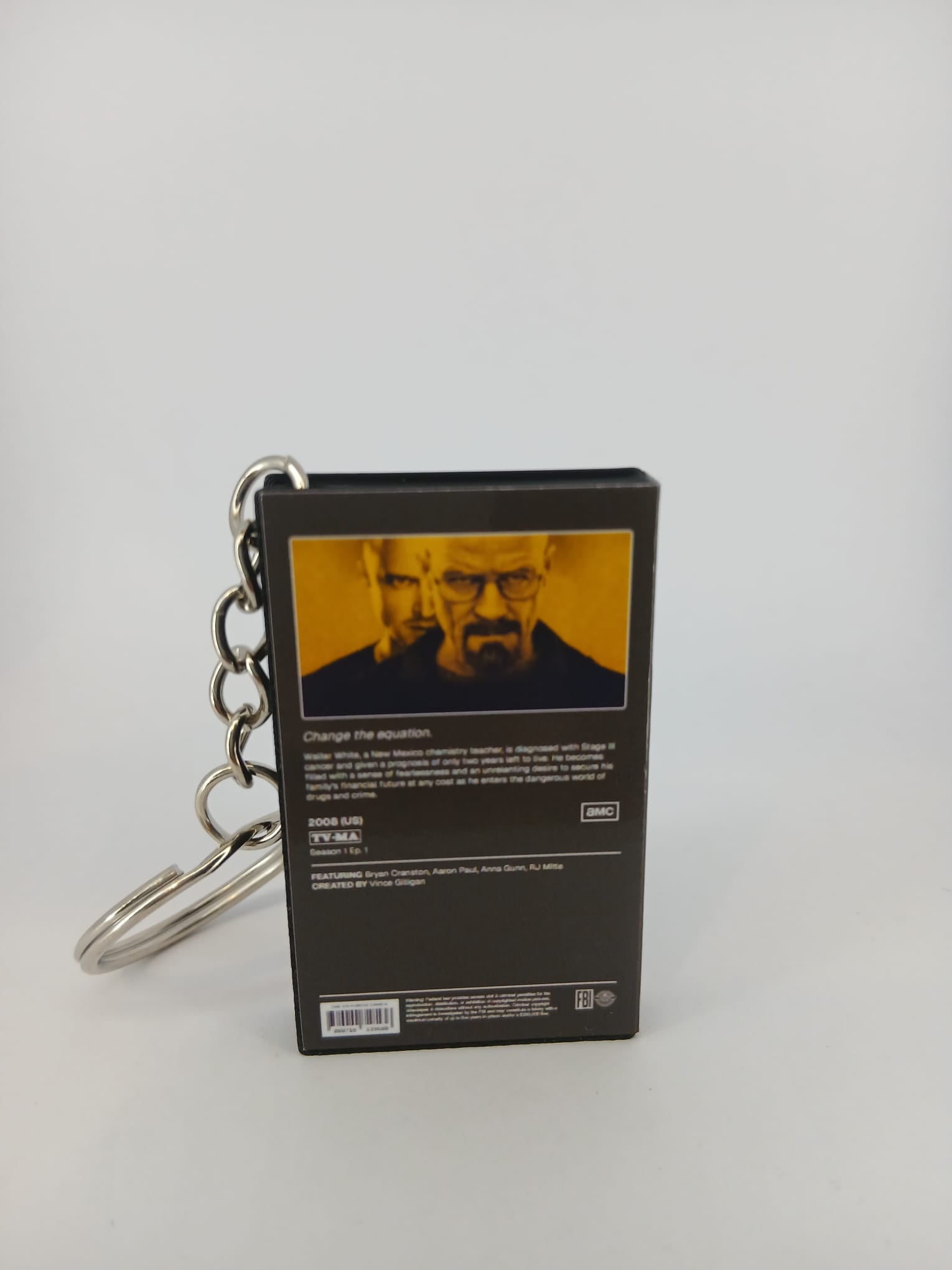 Breaking Bad VHS keyring — front cover flat lay angled 2
