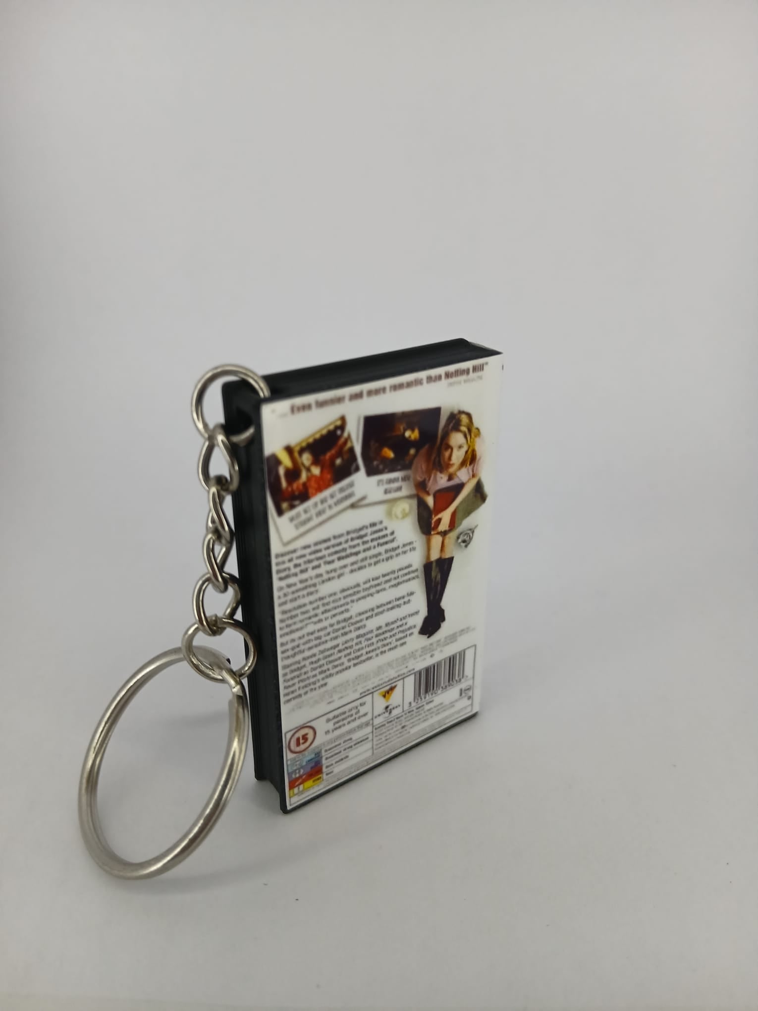Bridget Jones's Diary VHS keyring — front and spine flat lay angled