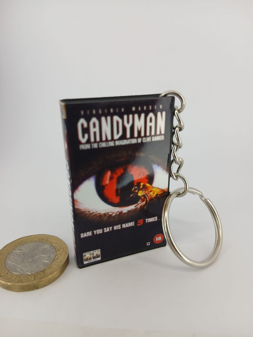 Candyman VHS keyring — back cover angled view standing