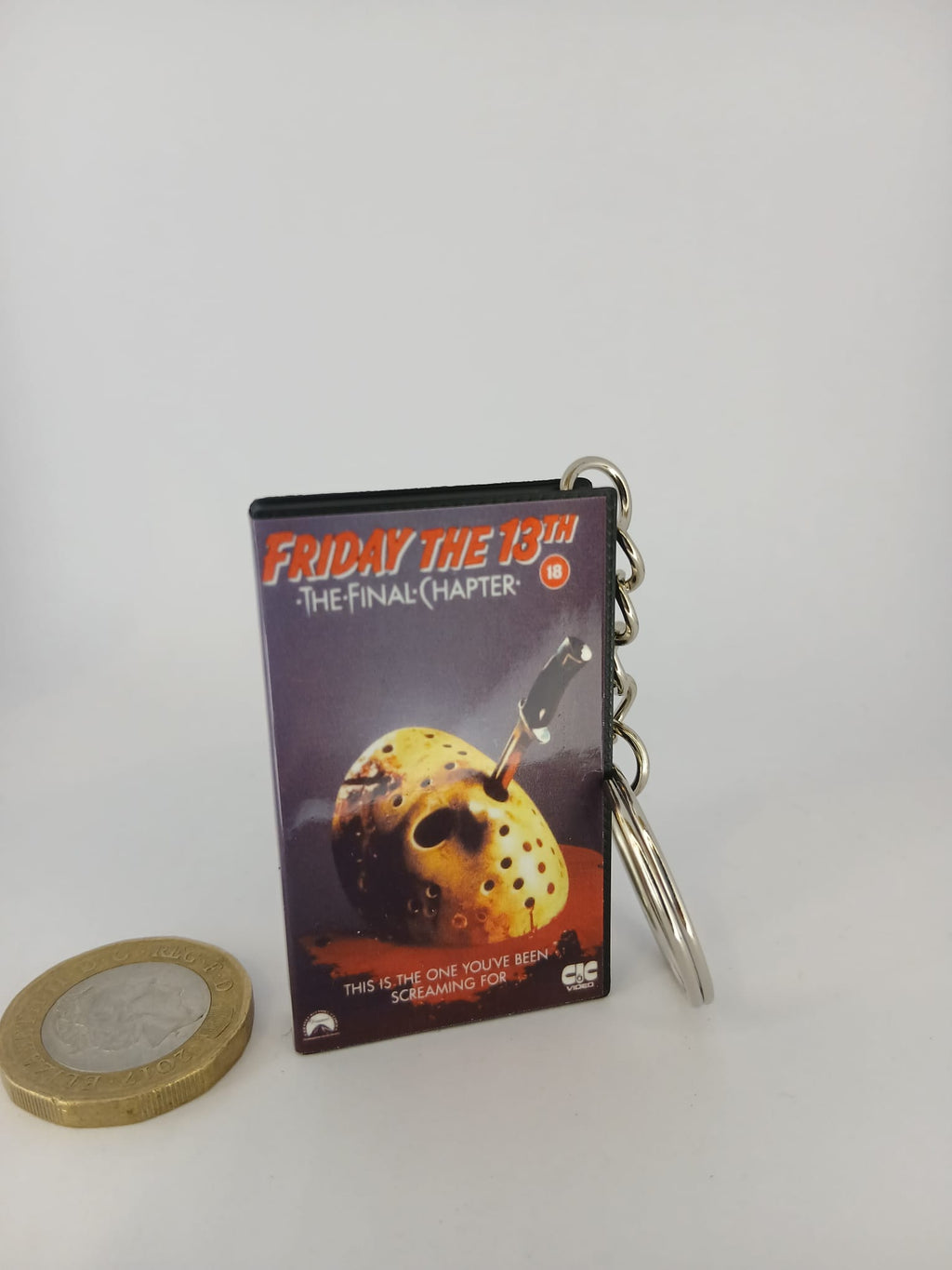 Friday the 13th The Final Chapter VHS keyring — front cover close-up