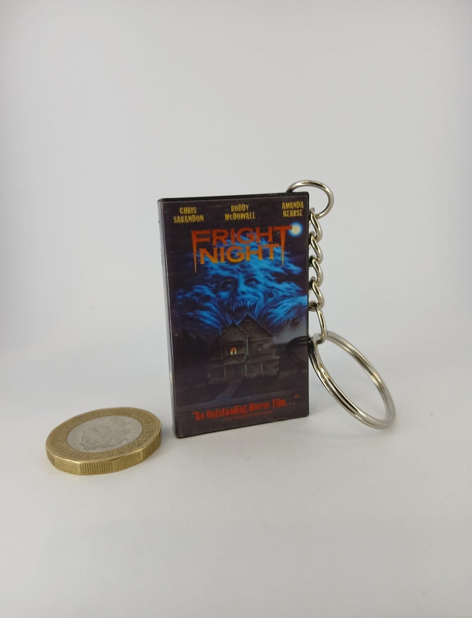 Fright Night VHS keyring — back cover standing angled
