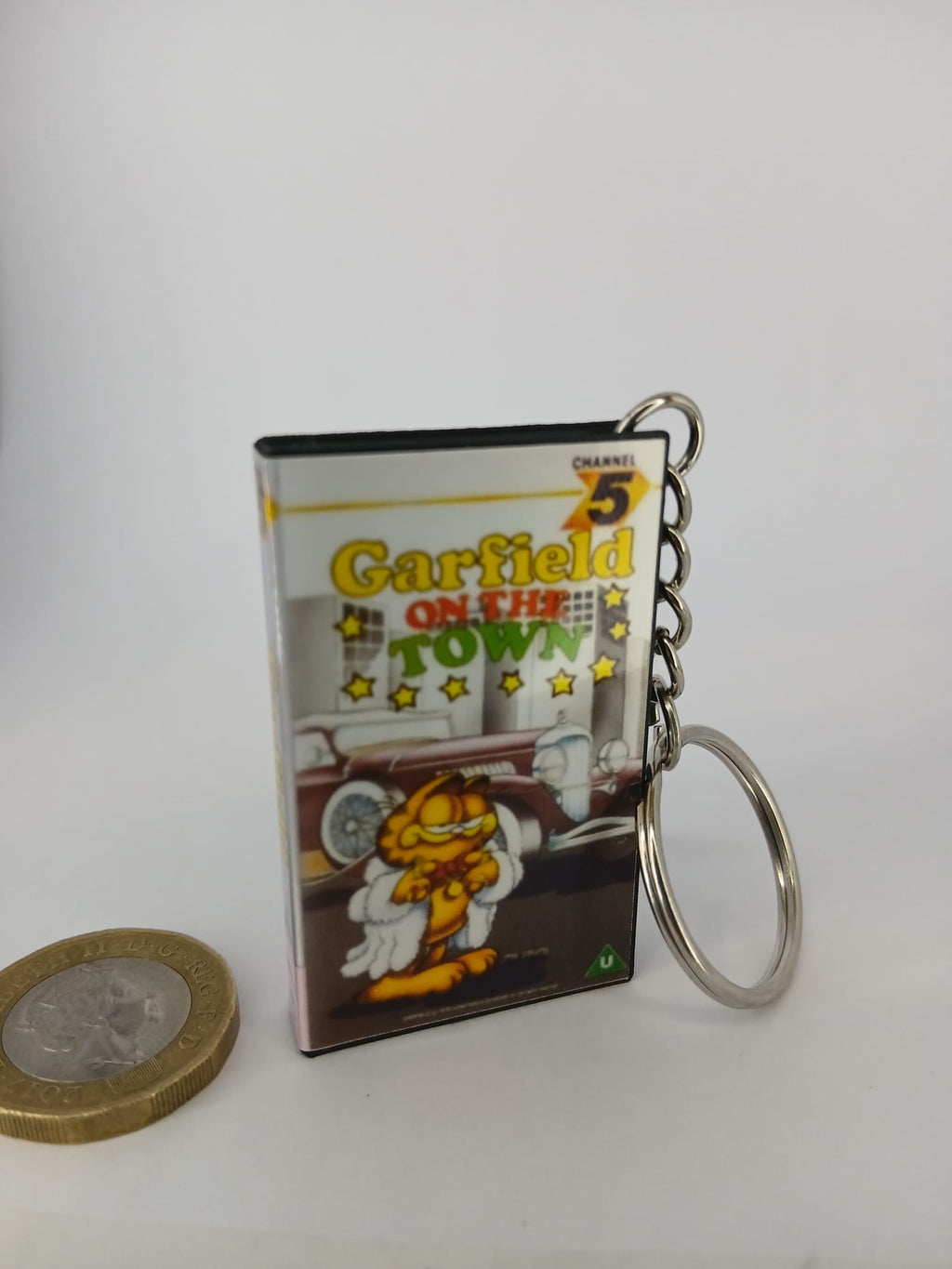 Garfield on the Town VHS keyring — back cover standing angled 2