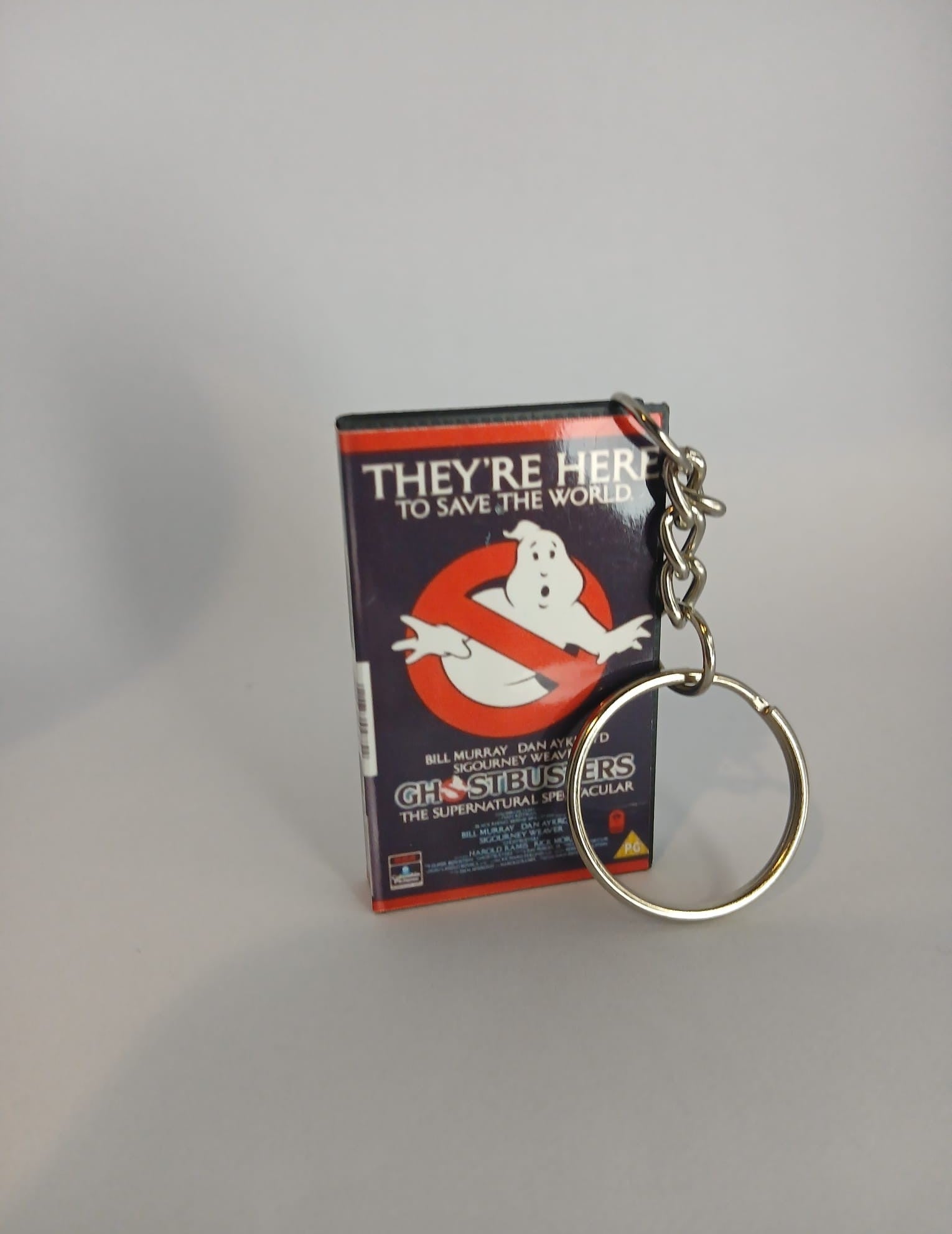 Ghostbusters Mini VHS Keyring – spine view standing