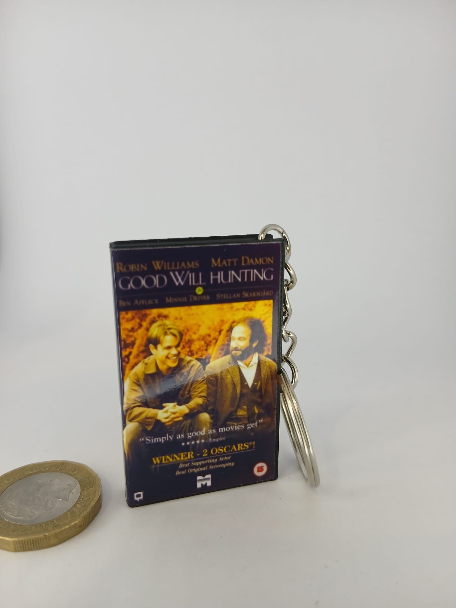 Good Will Hunting VHS keyring — front cover with 1p coin for scale