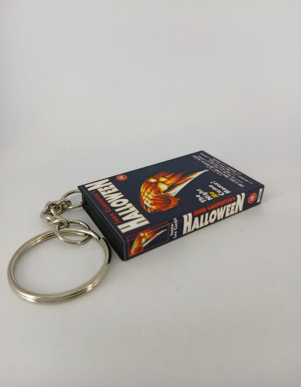 Halloween Mini VHS Keyring – front with chain standing