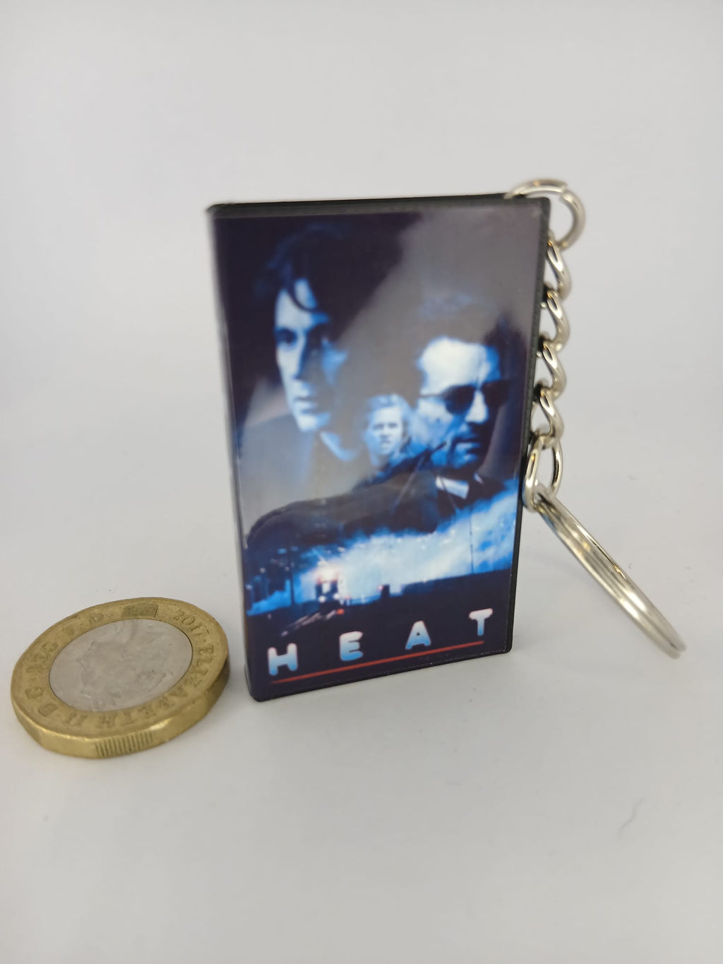 Heat VHS keyring size comparison with coin