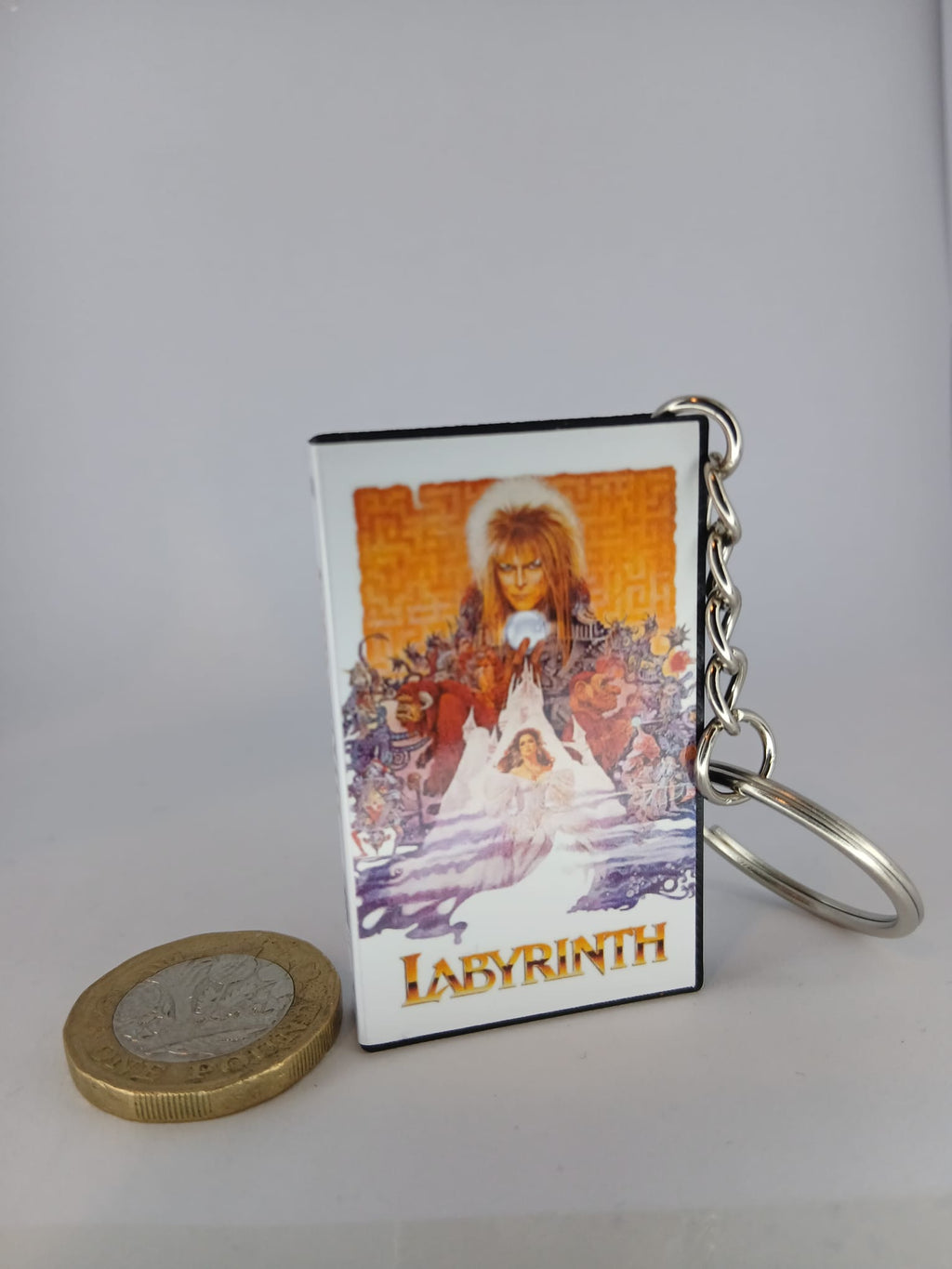 Labyrinth VHS keyring — front and spine flat lay angled