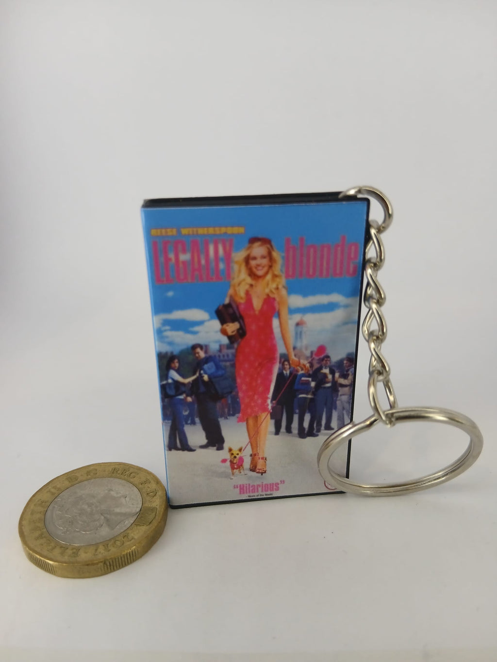 Legally Blonde VHS keyring — back and spine angled view