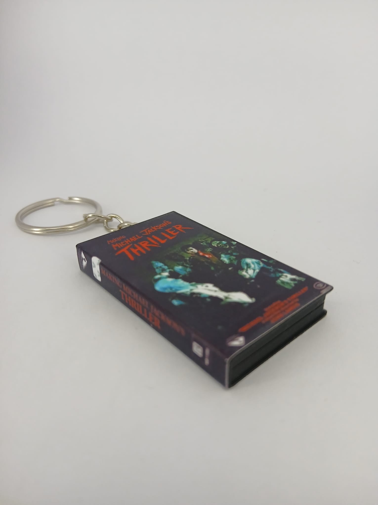 Making Michael Jackson's Thriller VHS keyring — back cover standing angled