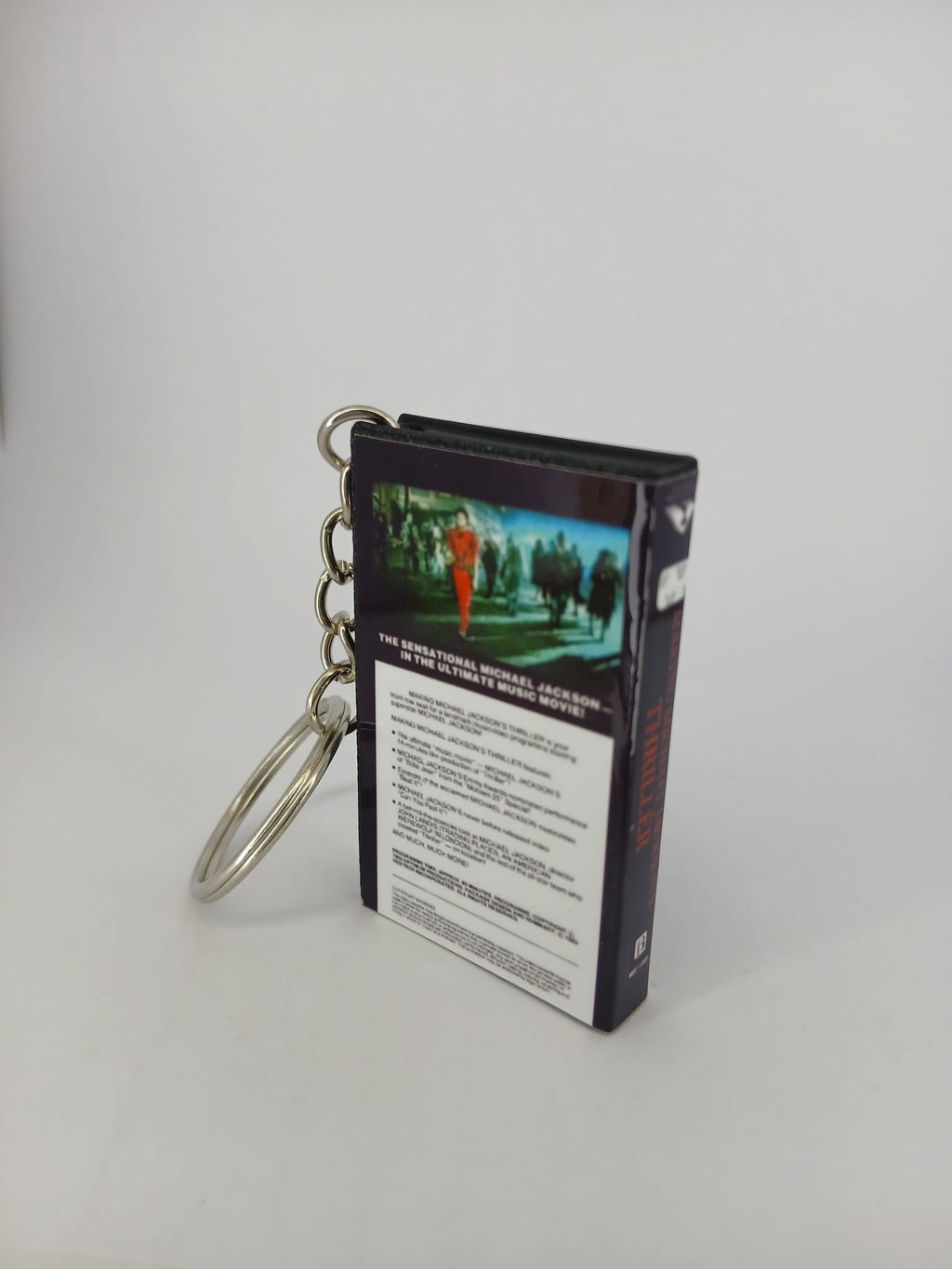 Making Michael Jackson's Thriller VHS keyring — spine view standing