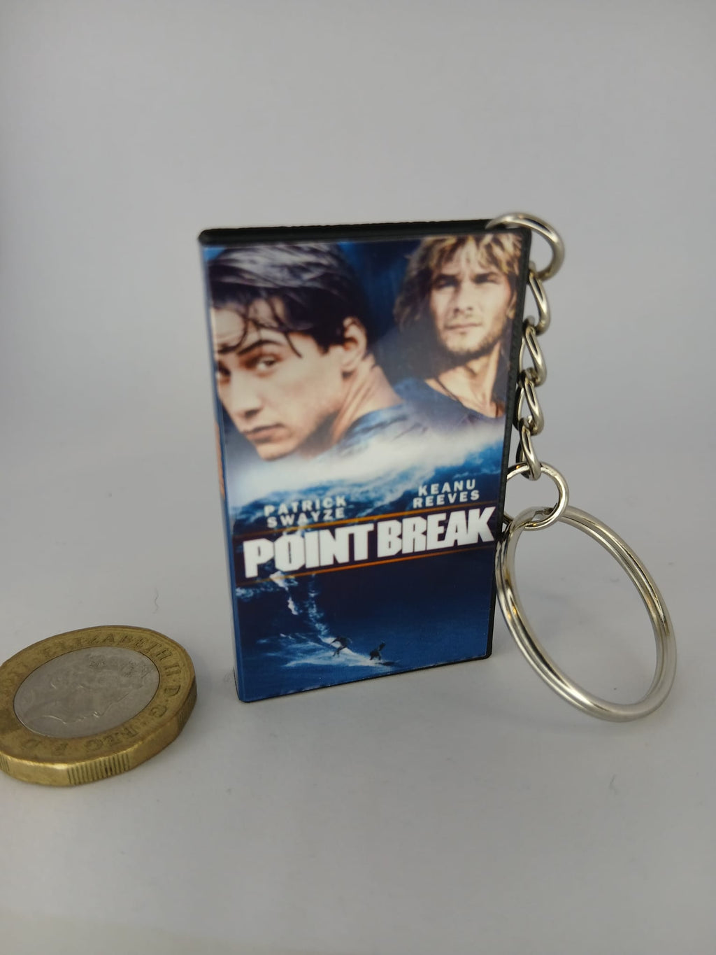 Point Break VHS keyring size comparison with coin
