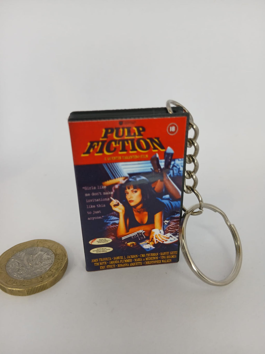 Pulp Fiction Mini VHS Keyring – front spine angle standing