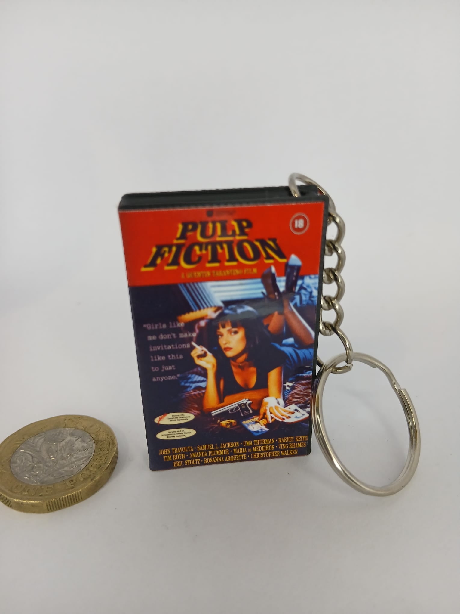 Pulp Fiction Mini VHS Keyring – front spine angle standing