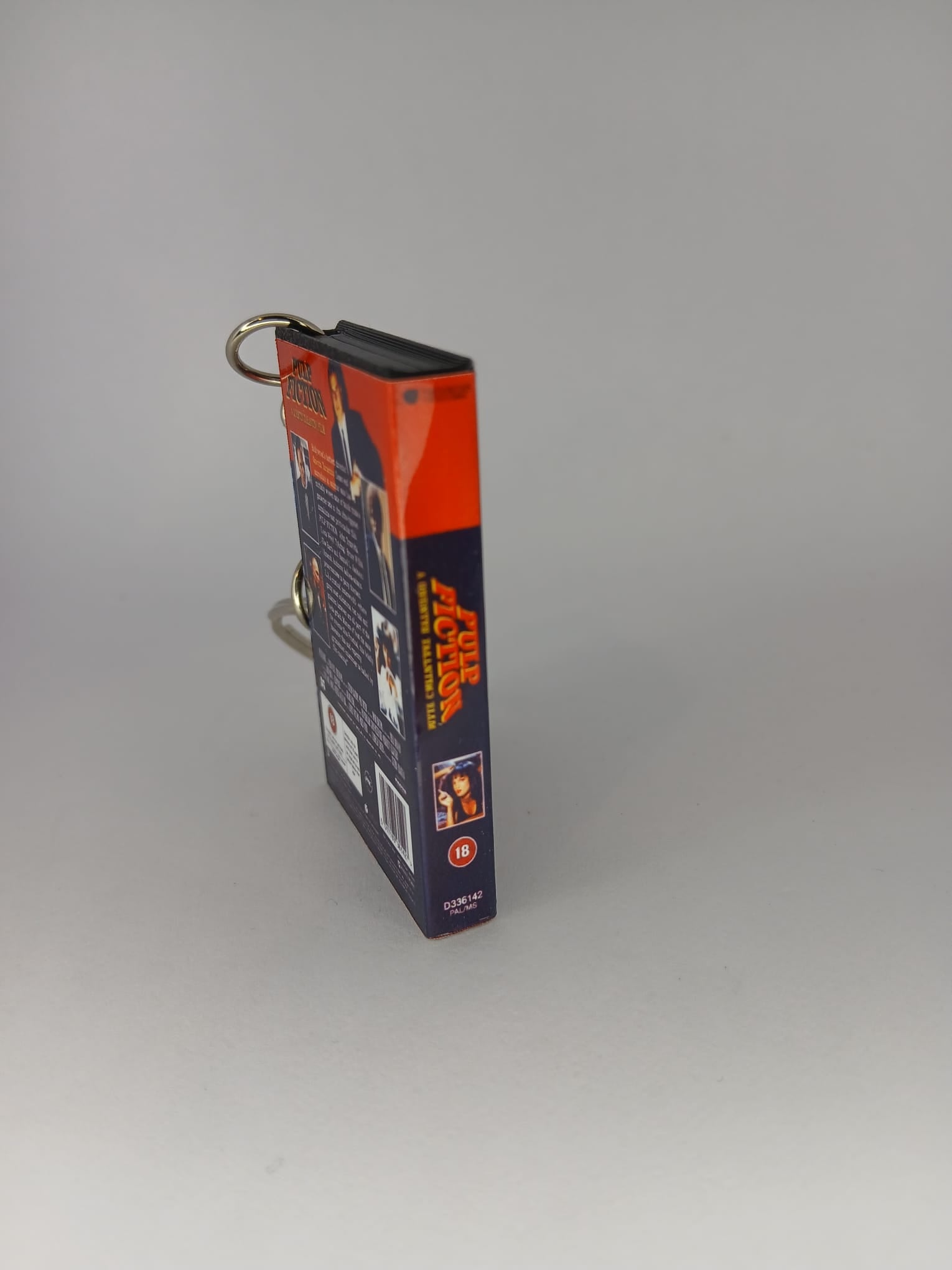 Pulp Fiction Mini VHS Keyring – back spine angle standing