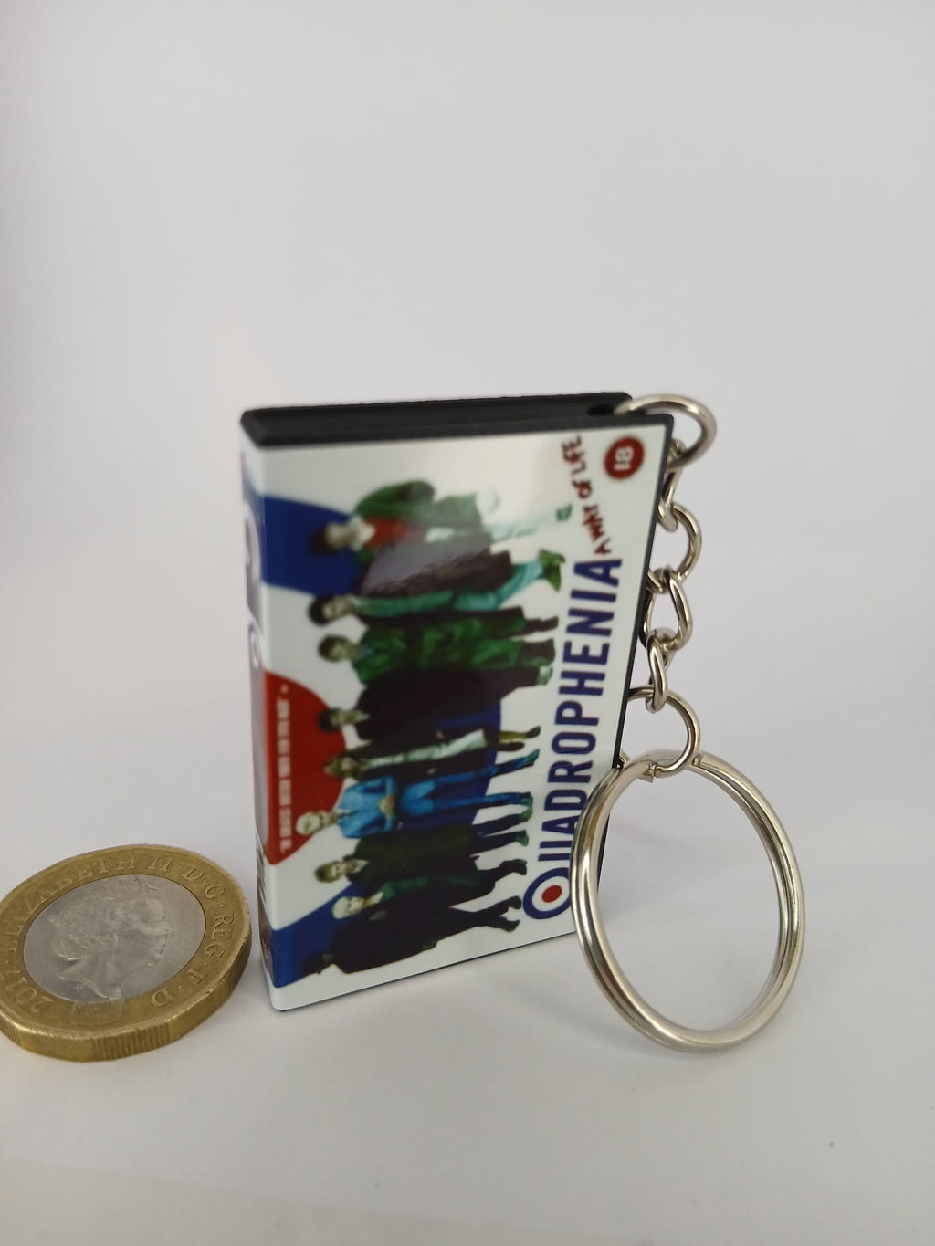 Quadrophenia VHS keyring — back cover angled view standing