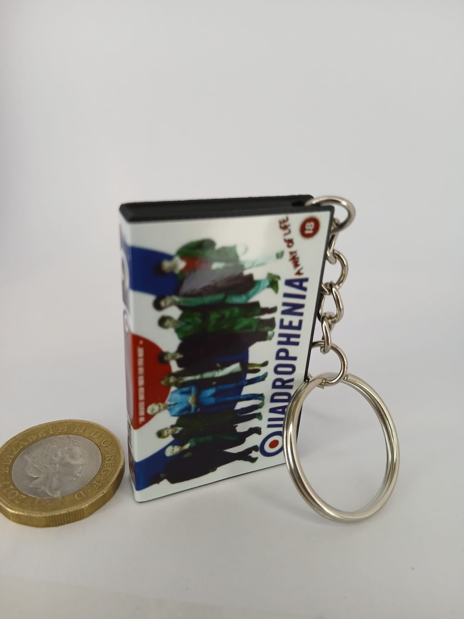 Quadrophenia VHS keyring — back cover angled view standing