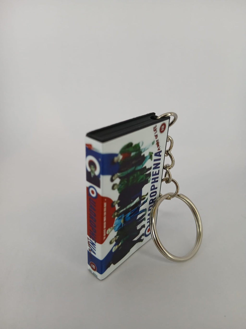 Quadrophenia VHS keyring — front and spine angled view standing