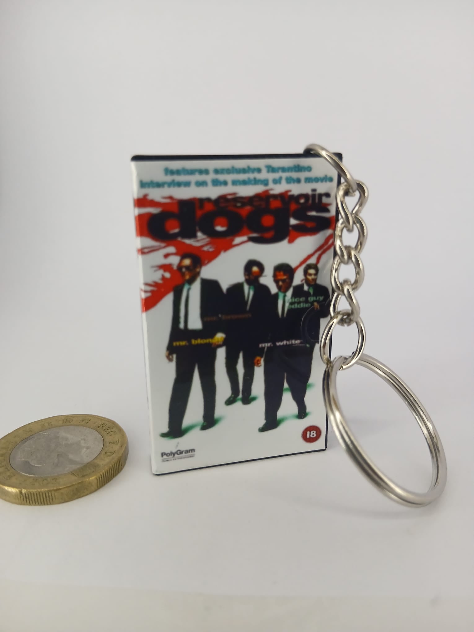 Reservoir Dogs VHS keyring — back cover angled view standing