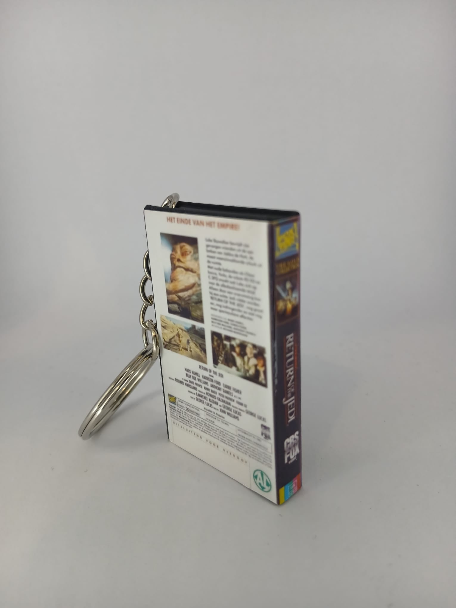 Return of the Jedi VHS keyring — front and spine angled view