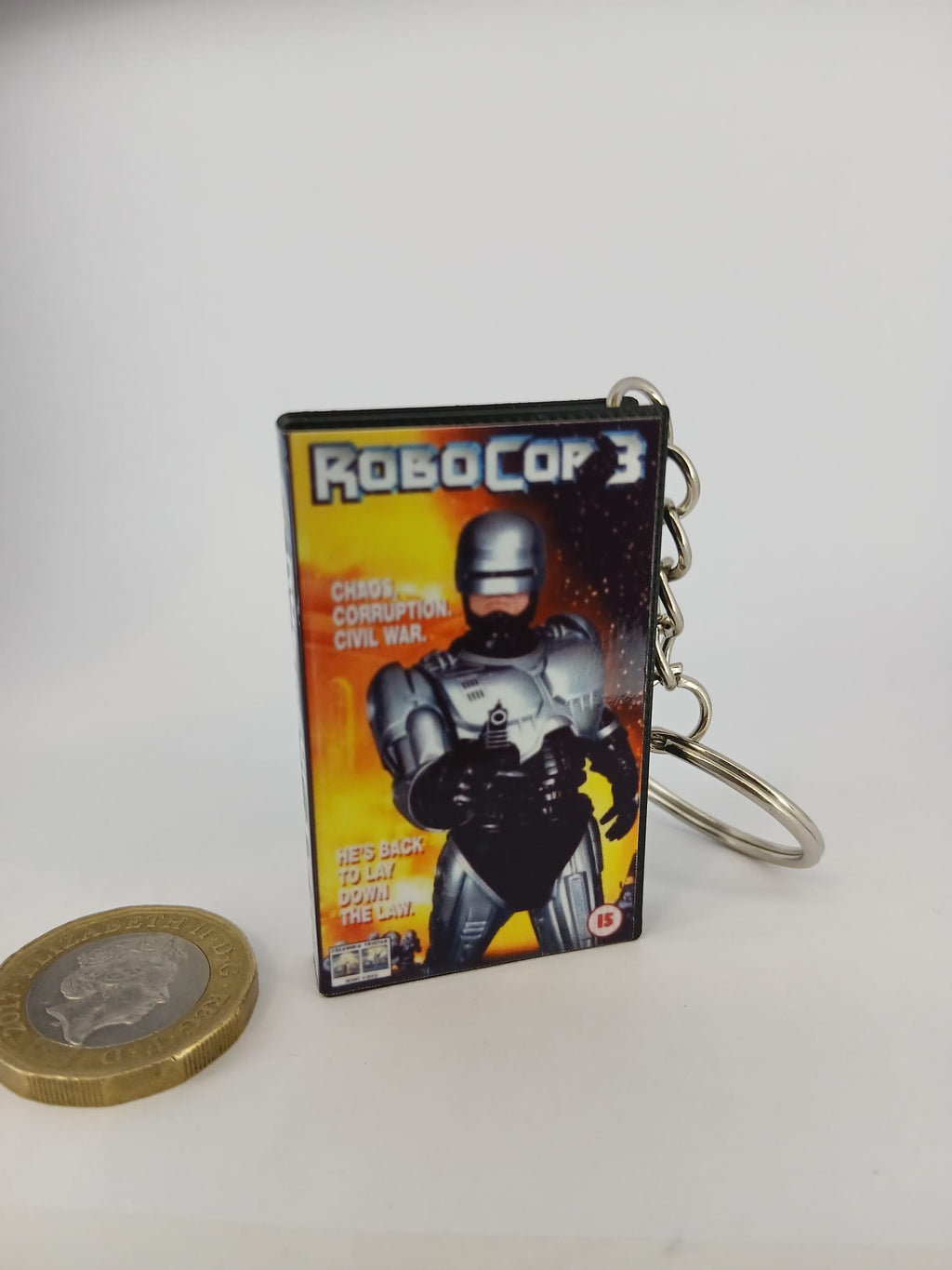 RoboCop 3 VHS keyring — back cover angled view standing