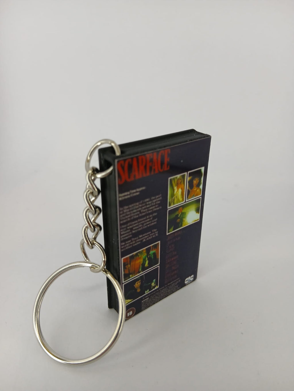 Scarface VHS keyring — front cover standing angled