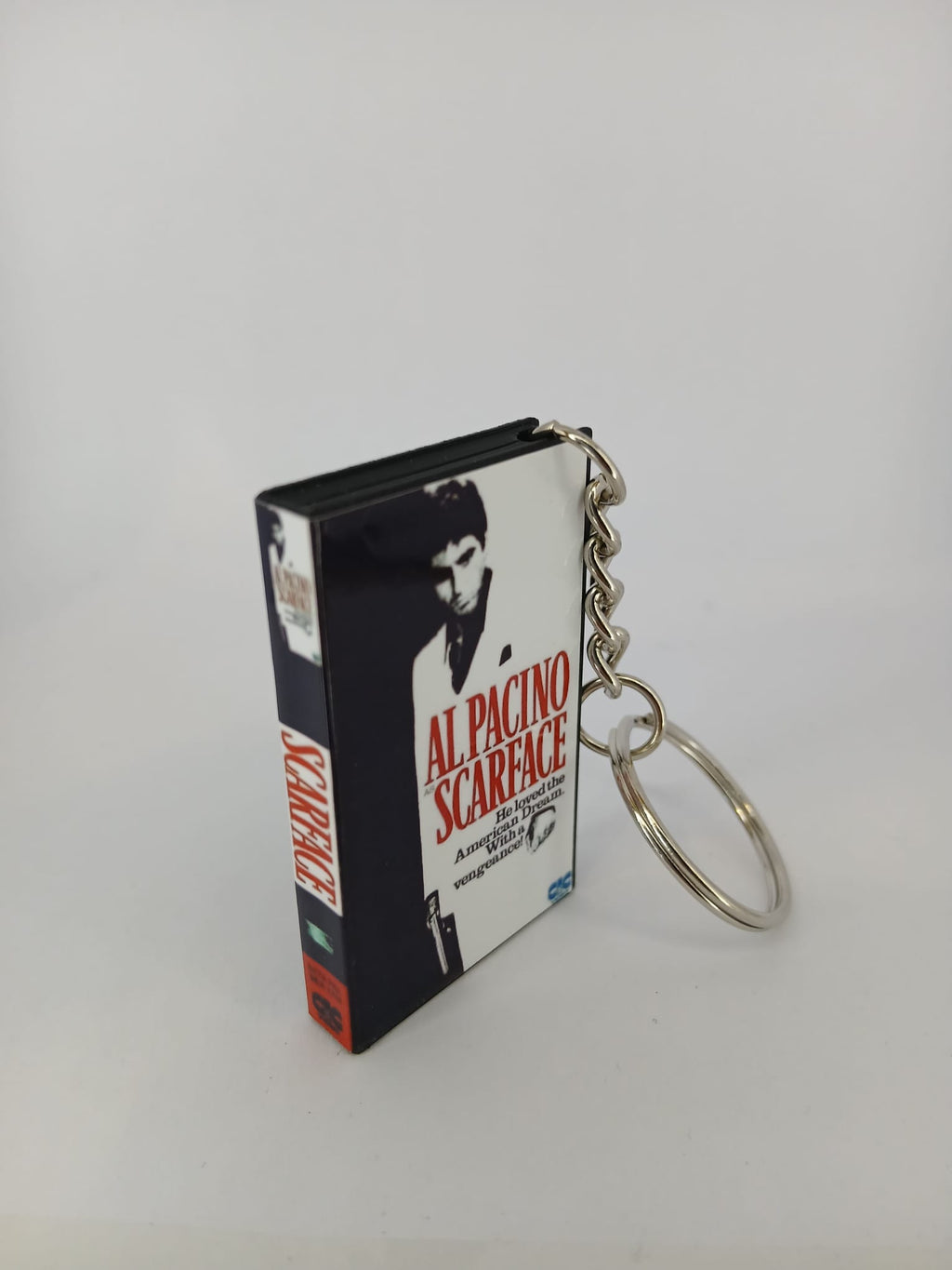 Scarface VHS keyring — back cover standing angled