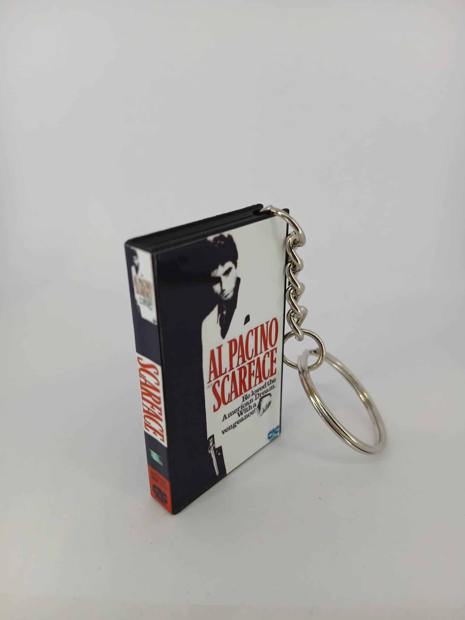 Scarface VHS keyring — back cover standing angled