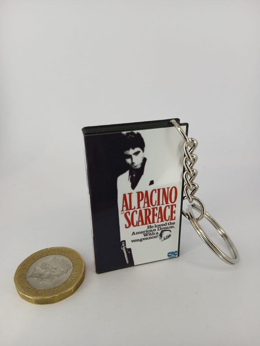 Scarface VHS keyring — back cover standing with BBFC 18 certificate visible
