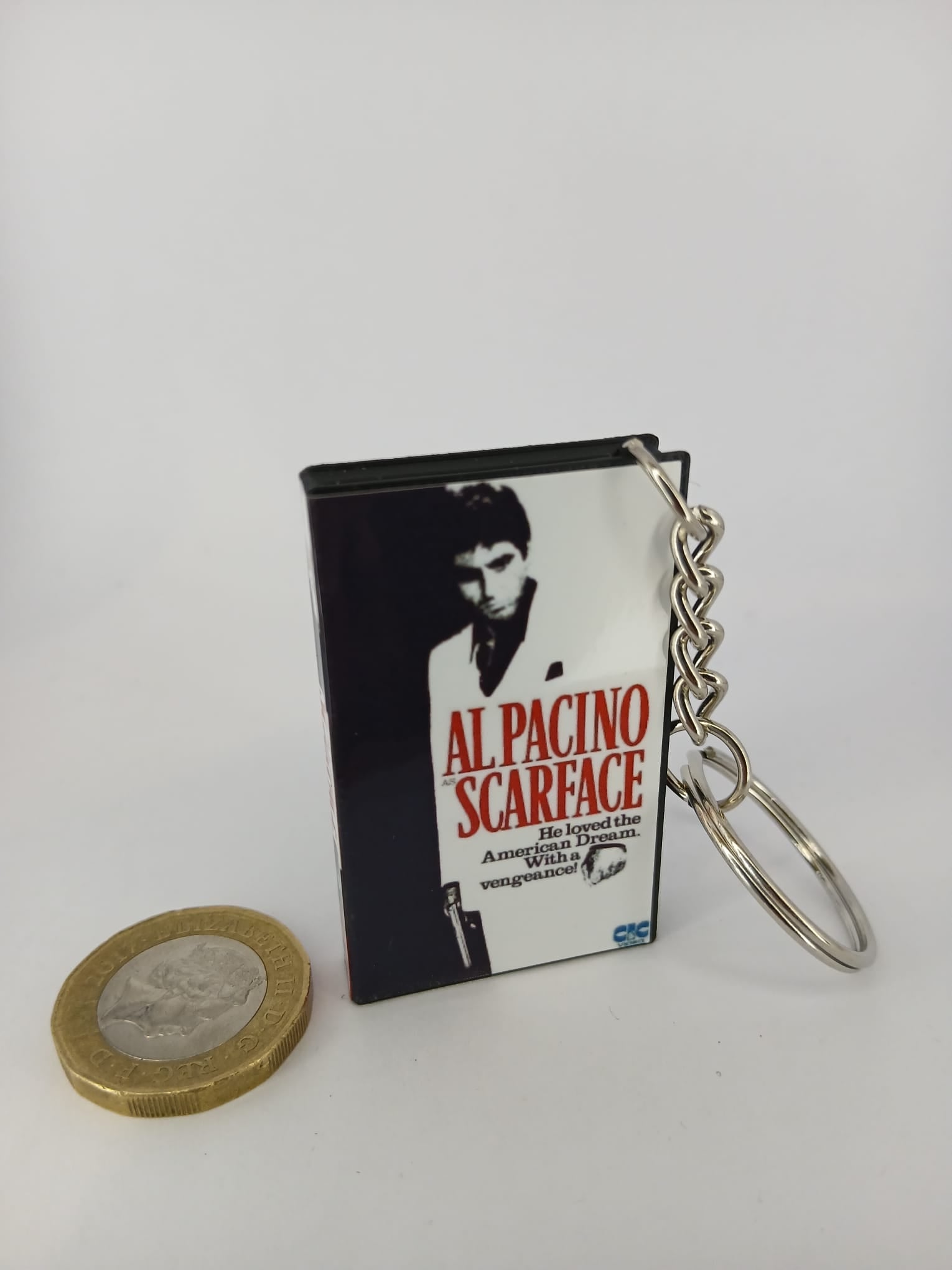 Scarface VHS keyring — back cover standing with BBFC 18 certificate visible