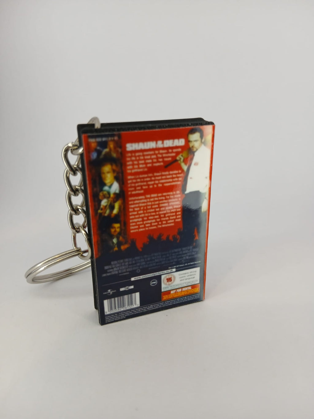 Shaun of the Dead VHS keyring — front and spine flat lay angled