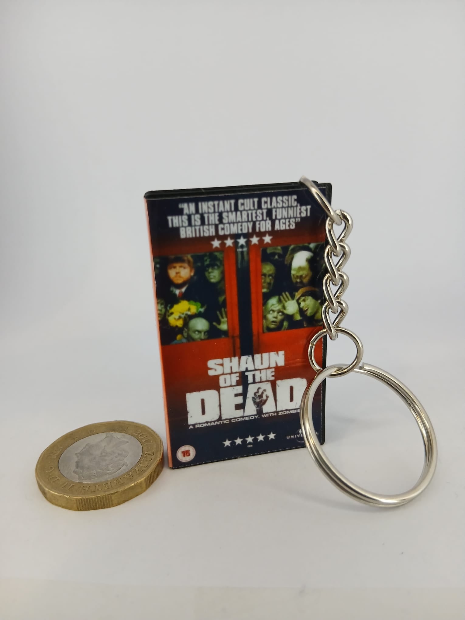 Shaun of the Dead VHS keyring — back cover standing angled 2