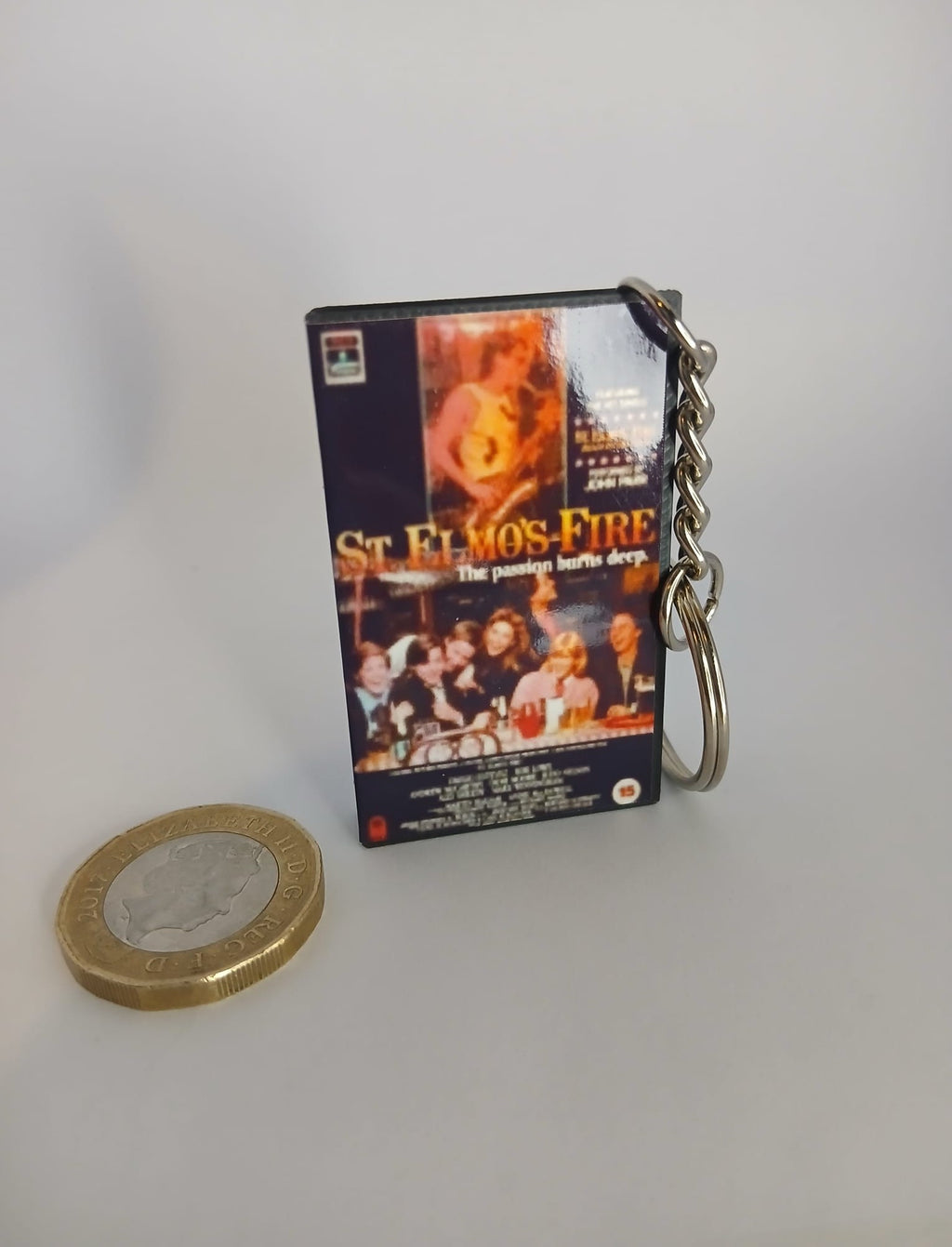 St. Elmo’s Fire Mini VHS Keyring – front flat lay