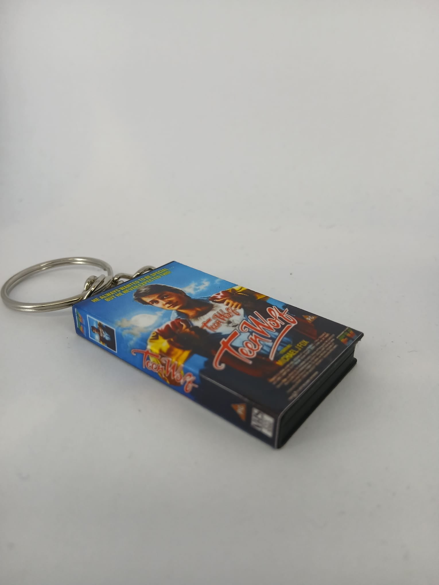 Teen Wolf VHS keyring — front cover standing angled