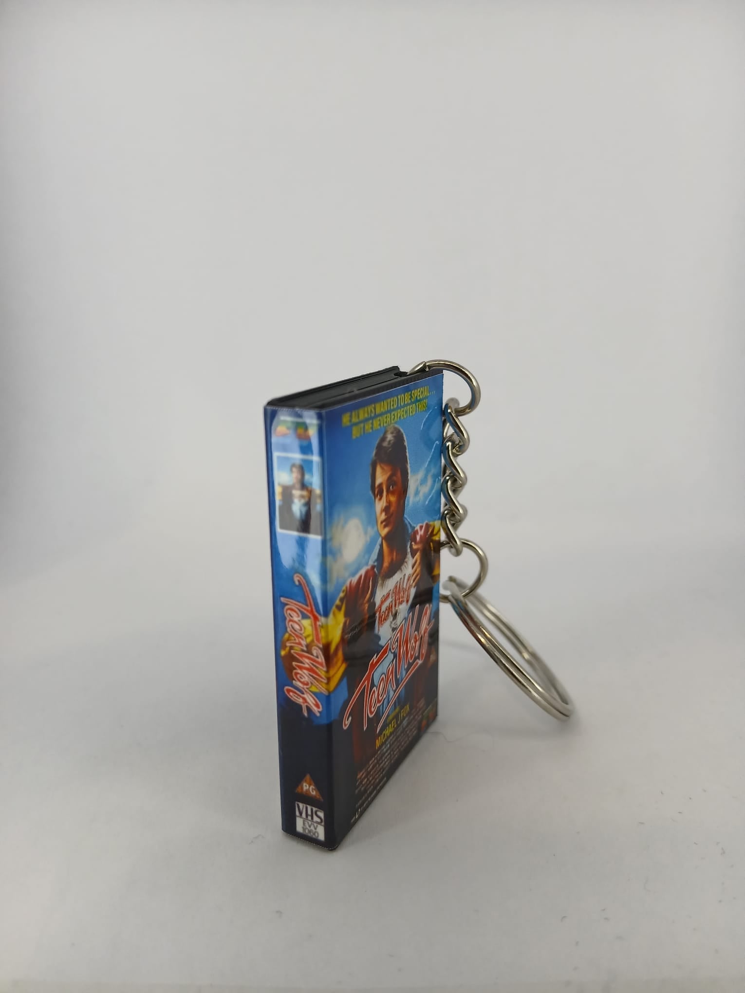 Teen Wolf VHS keyring — front cover standing angled 2