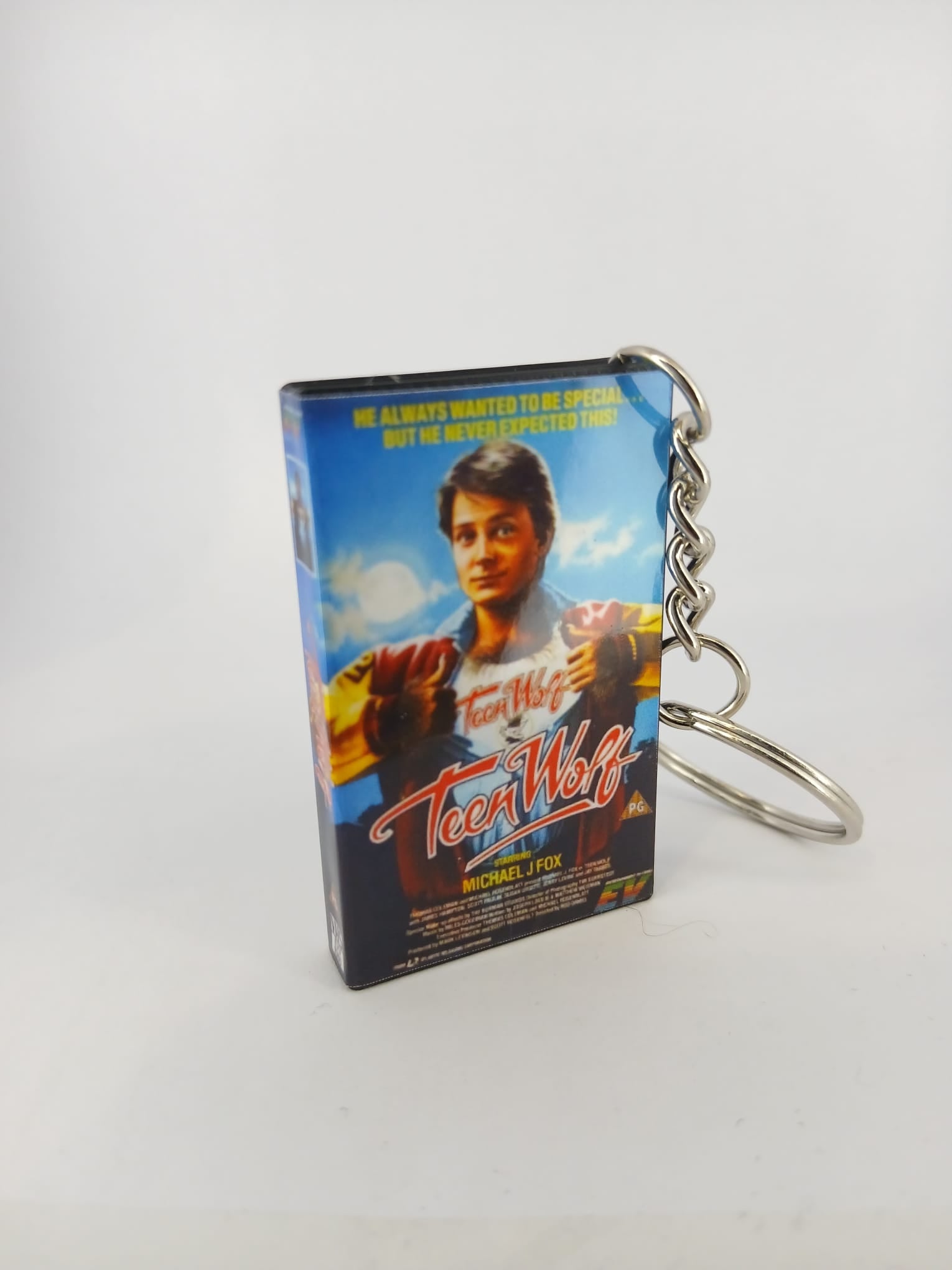 Teen Wolf VHS keyring — front cover standing angled 3