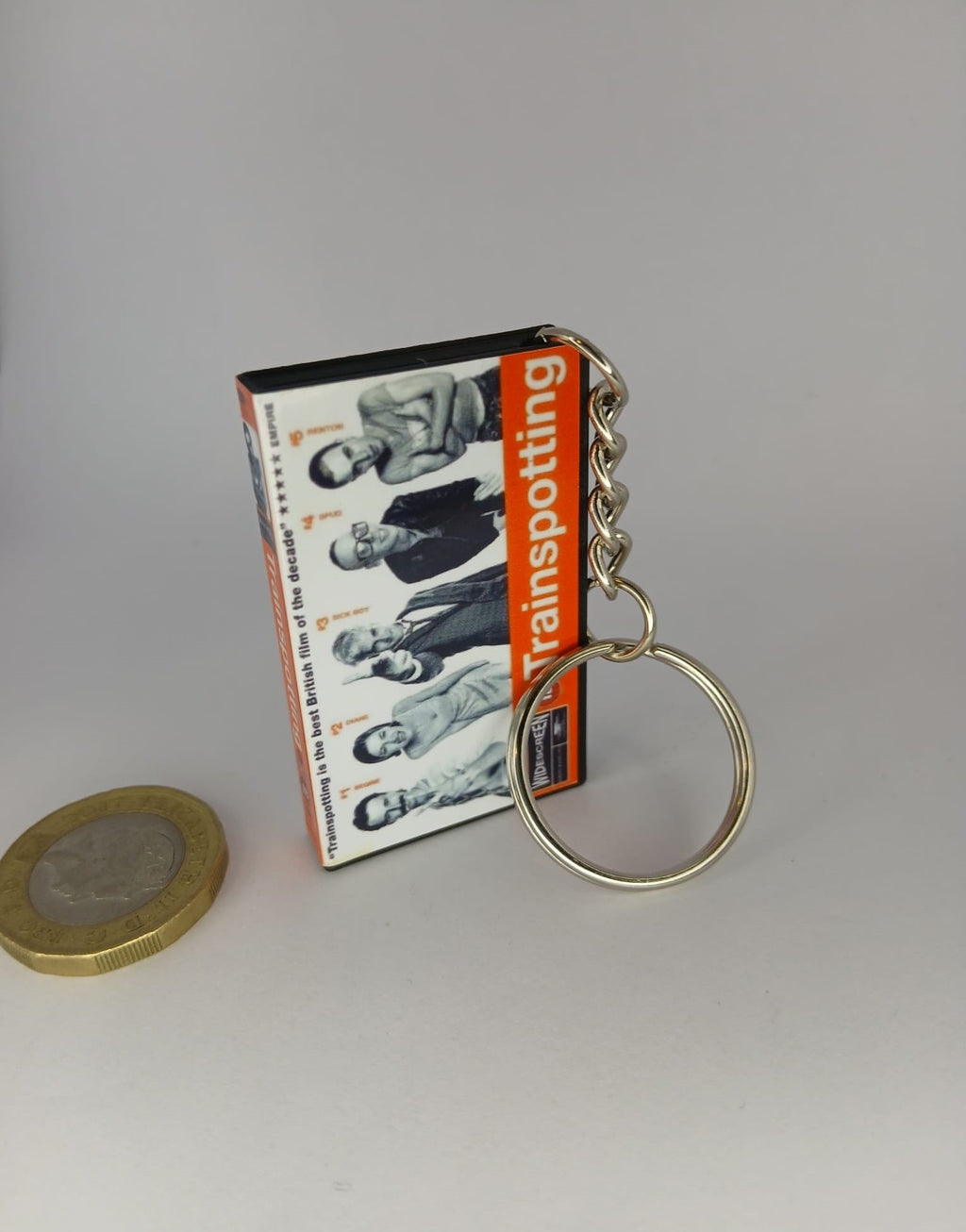Trainspotting Mini VHS Keyring – side view standing