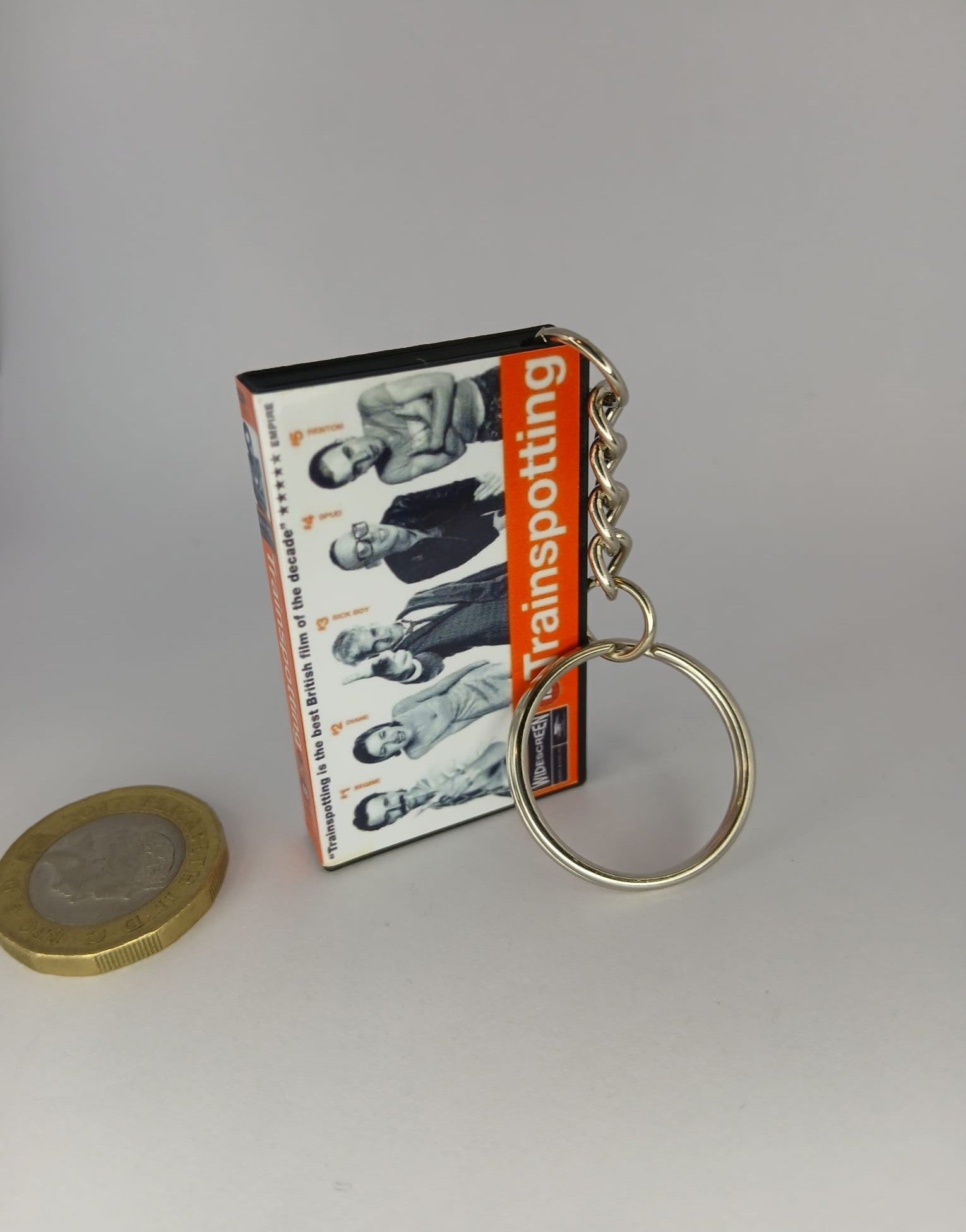 Trainspotting Mini VHS Keyring – side view standing
